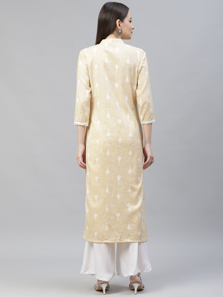 Women's Yellow Ethnic Motifs Ikat Kurta with lace work ( JOK 1404 Yellow )