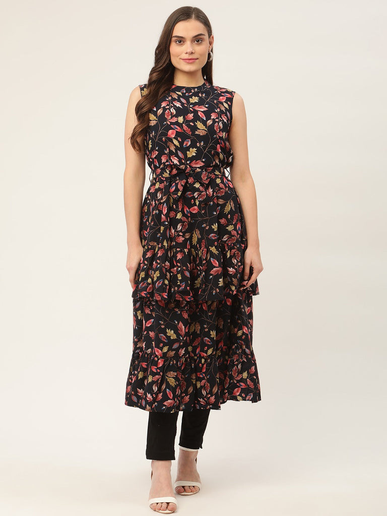 Women's Navy Blue Flared Printed kurta ( JOK 1417 Navy )