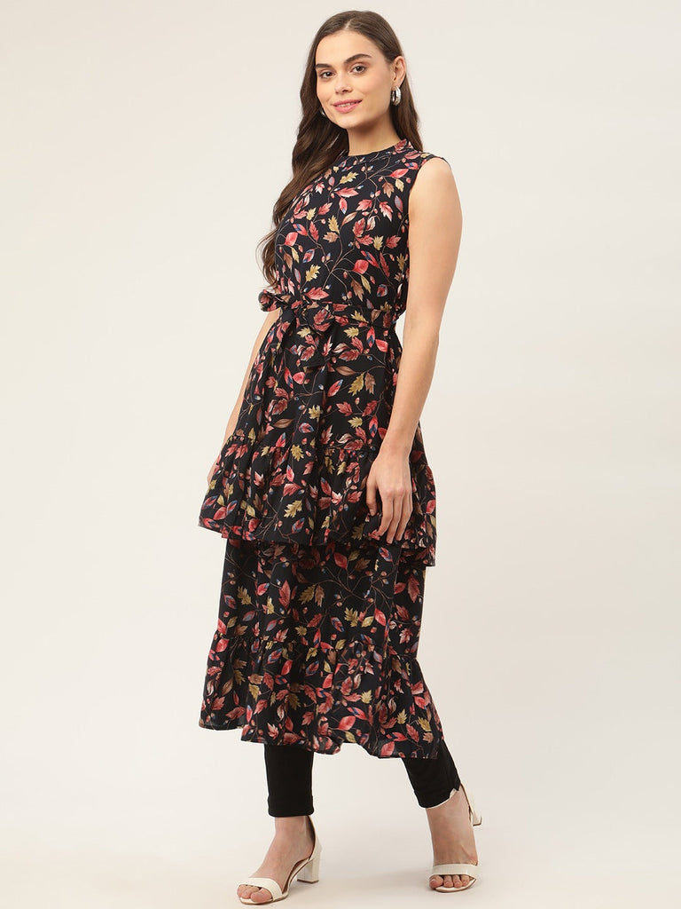 Women's Navy Blue Flared Printed kurta ( JOK 1417 Navy )