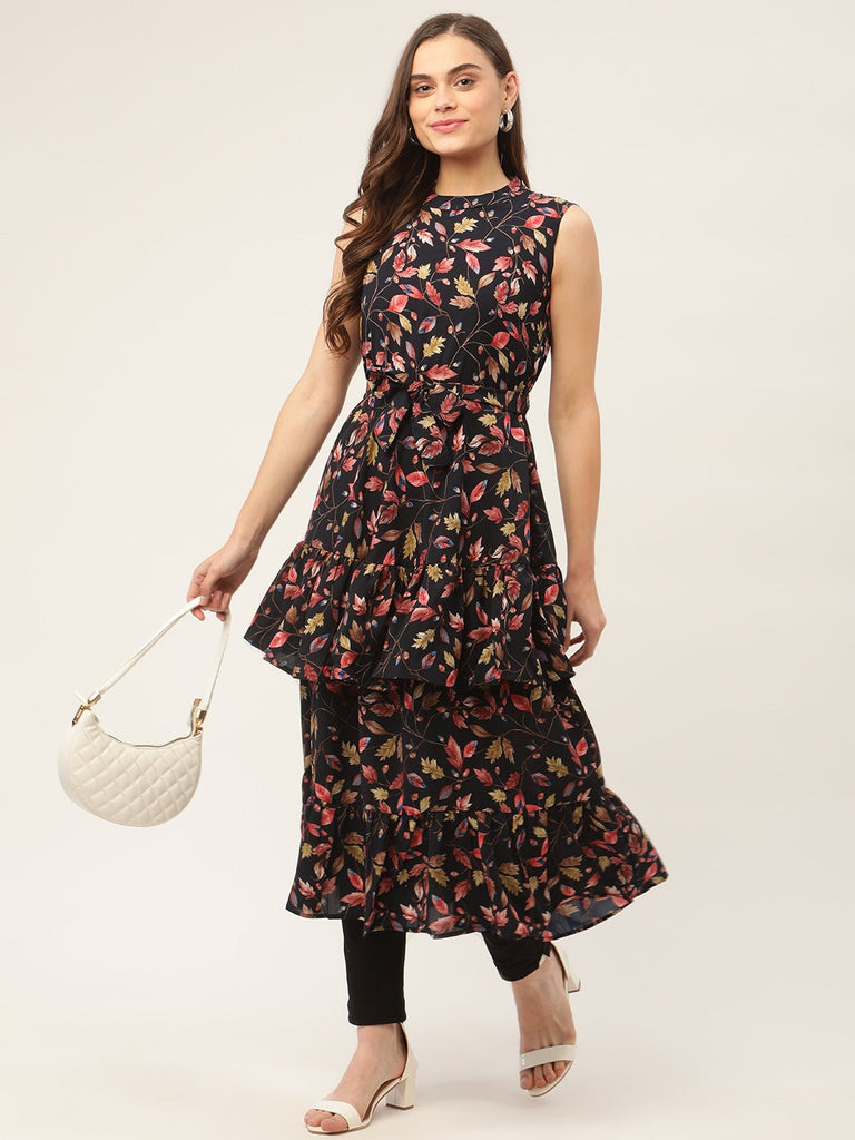 Women's Navy Blue Flared Printed kurta ( JOK 1417 Navy )