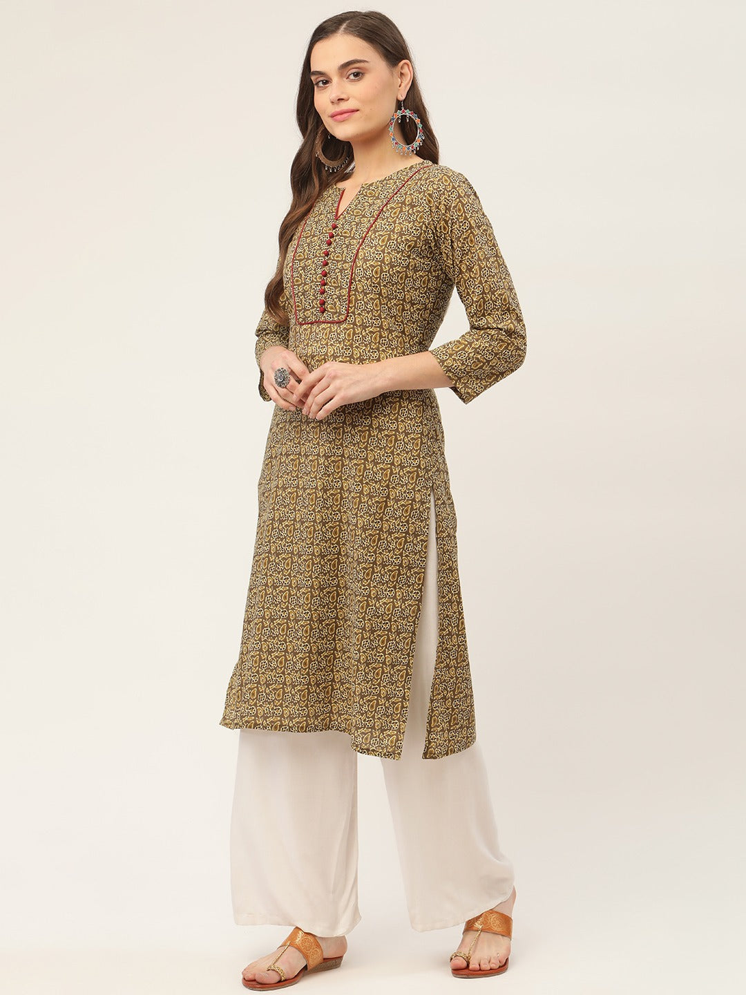 Women's Brown and Olive Printed Straight Pure Cotton Kurta ( JOK 1418 Brown ) - Jompers
