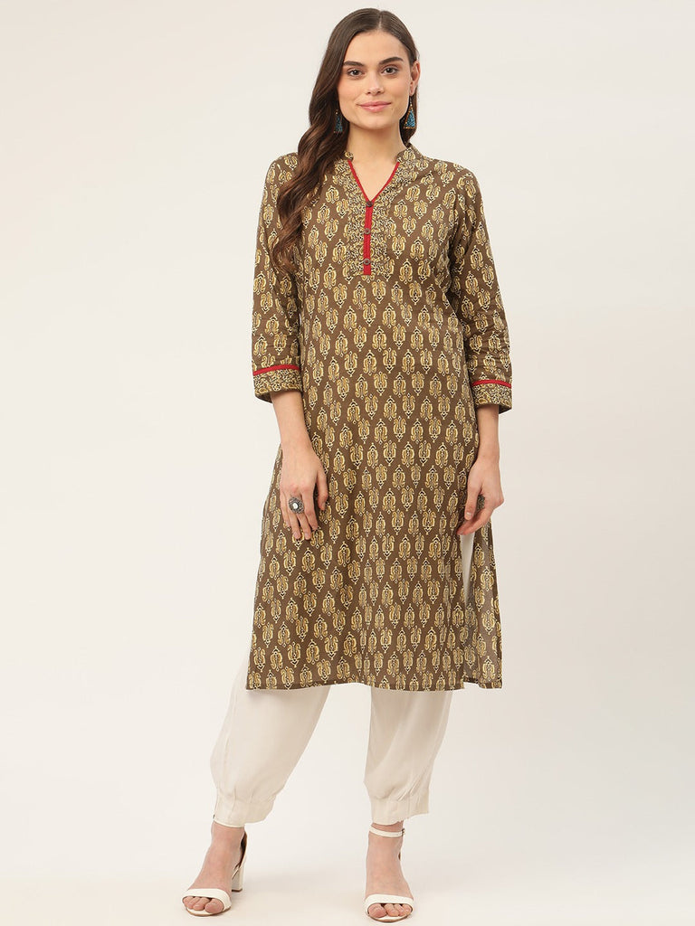 Women's Brown and Olive Printed Straight Cotton Kurta ( JOK 1419 Brown )