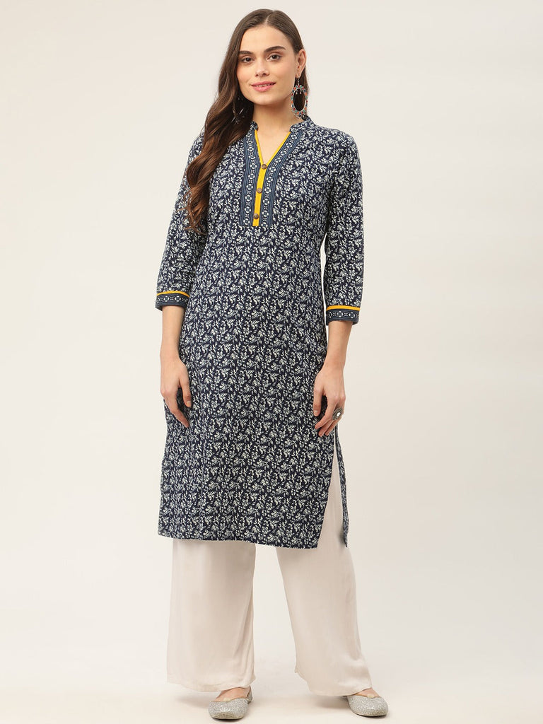 Women's Indigo Blue Printed Straight Cotton Kurta ( JOK 1419 Indigo )