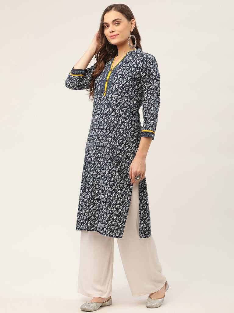 Women's Indigo Blue Printed Straight Cotton Kurta ( JOK 1419 Indigo )