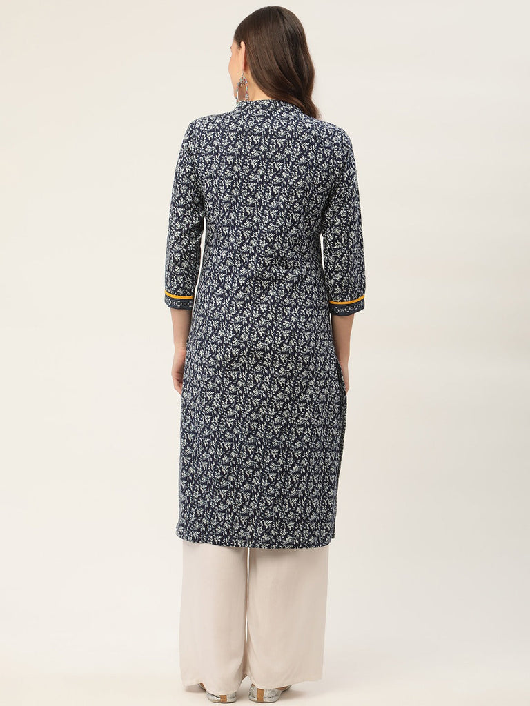 Women's Indigo Blue Printed Straight Cotton Kurta ( JOK 1419 Indigo )