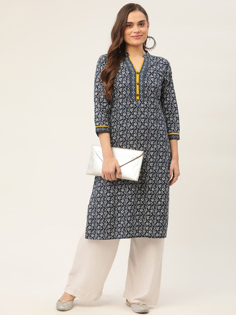 Women's Indigo Blue Printed Straight Cotton Kurta ( JOK 1419 Indigo )