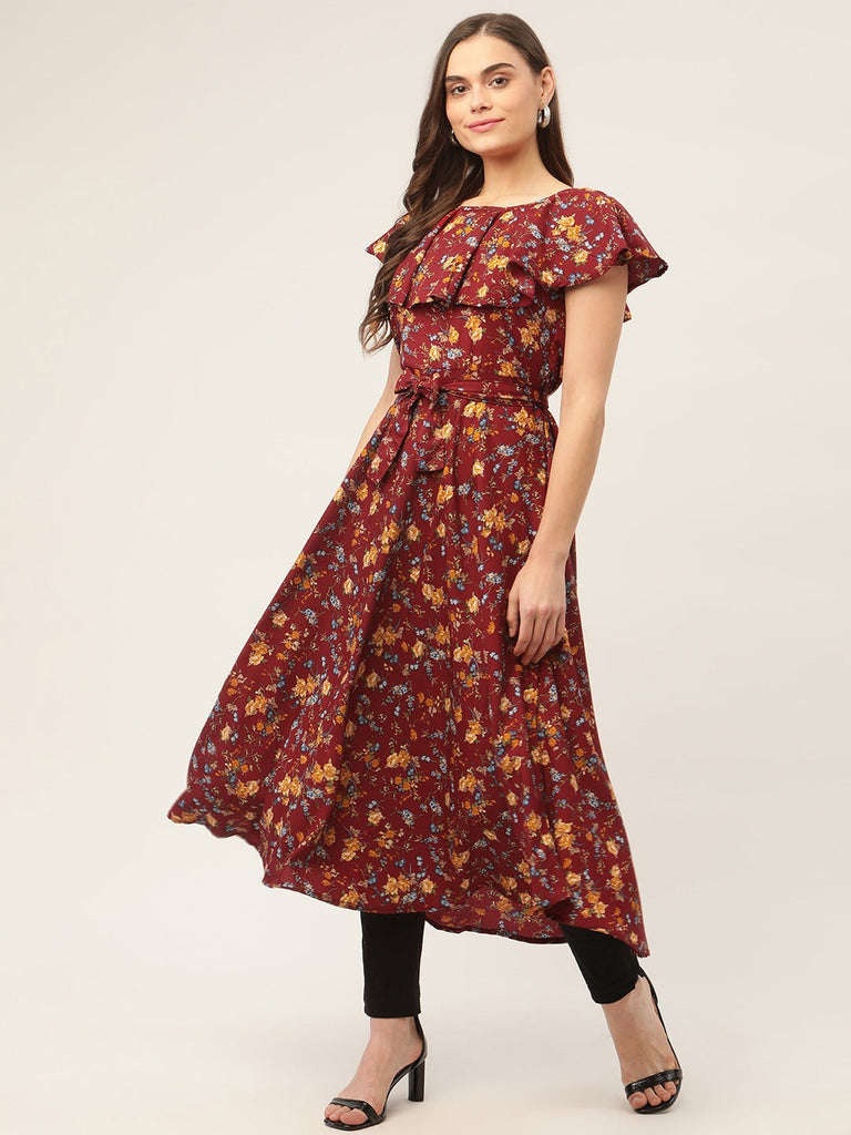 Women's Maroon Flared Printed kurta ( JOK 1420 Maroon )