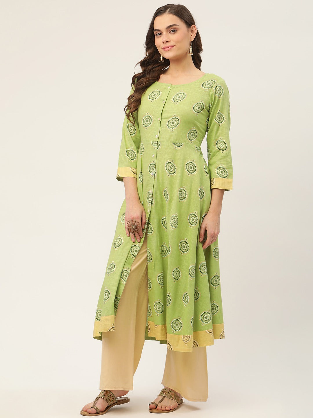 Women's Green Cotton Blend Flared Printed kurta ( JOK 1425 Green ) - Jompers