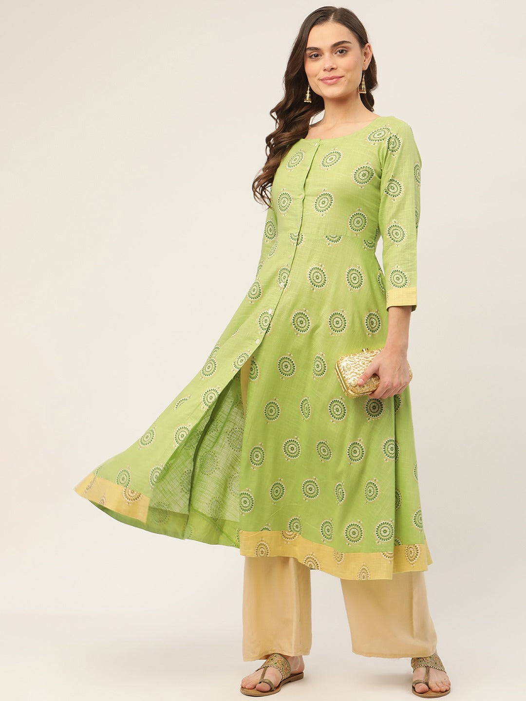 Women's Green Cotton Blend Flared Printed kurta ( JOK 1425 Green ) - Jompers
