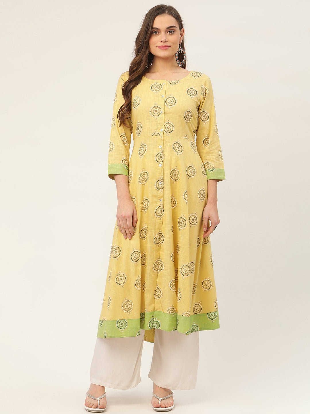 Women's Pista Green Cotton Blend Flared Printed kurta ( JOK 1425 Pista ) - Jompers