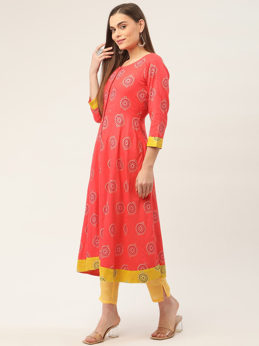Women's Red and Yellow Cotton Blend Flared Printed kurta ( JOK 1425 Red ) - Jompers