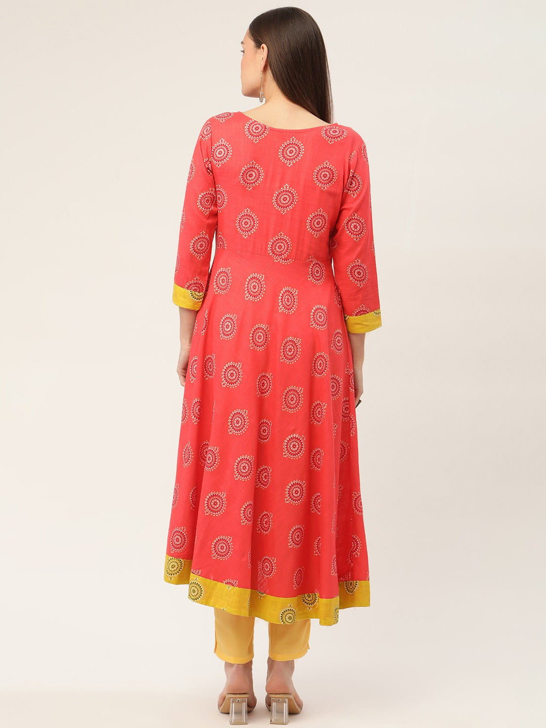Women's Red and Yellow Cotton Blend Flared Printed kurta ( JOK 1425 Red ) - Jompers