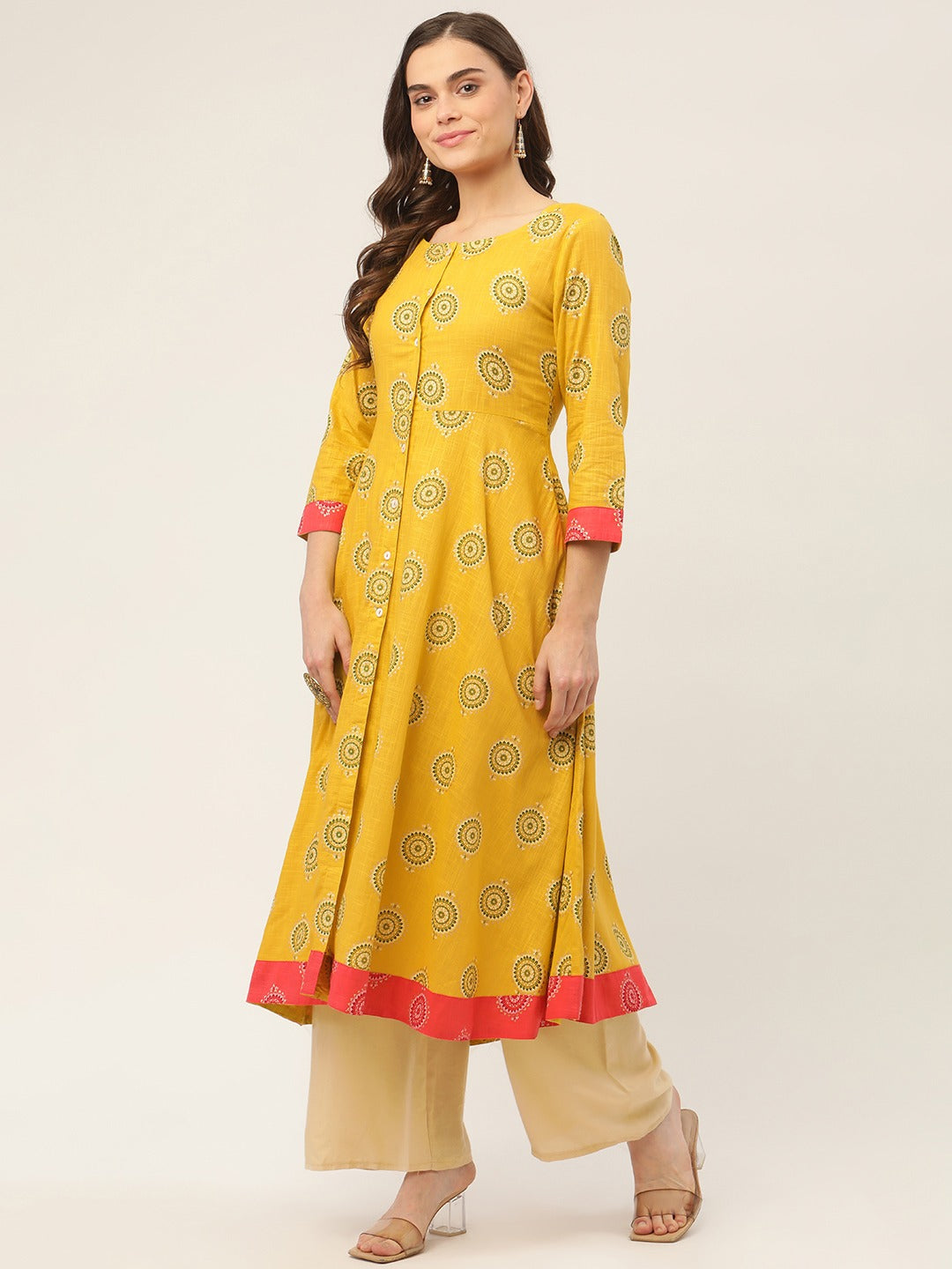 Women's Yellow and Red Cotton Blend Flared Printed kurta ( JOK 1425 Yellow ) - Jompers