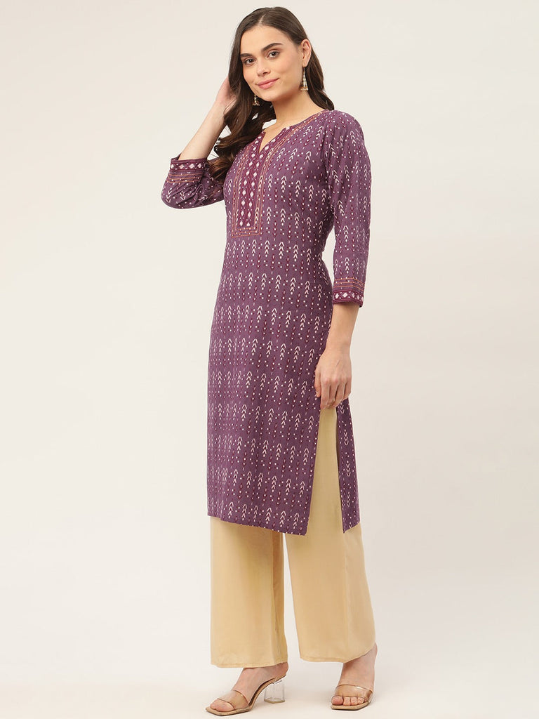 Women's Purple Cotton Ikat Printed Kurtas ( JOK 1434 Purple )