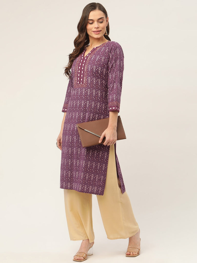 Women's Purple Cotton Ikat Printed Kurtas ( JOK 1434 Purple )