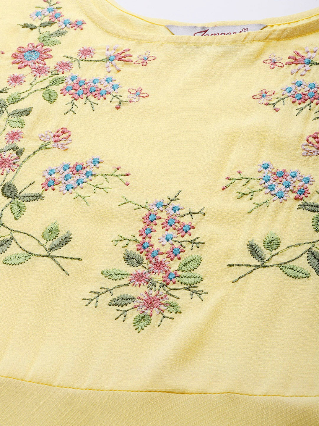 Women's Yellow & Green Floral Embroidered Georgette Anarkali Kurta ( JOK 1440 Yellow ) - Jompers