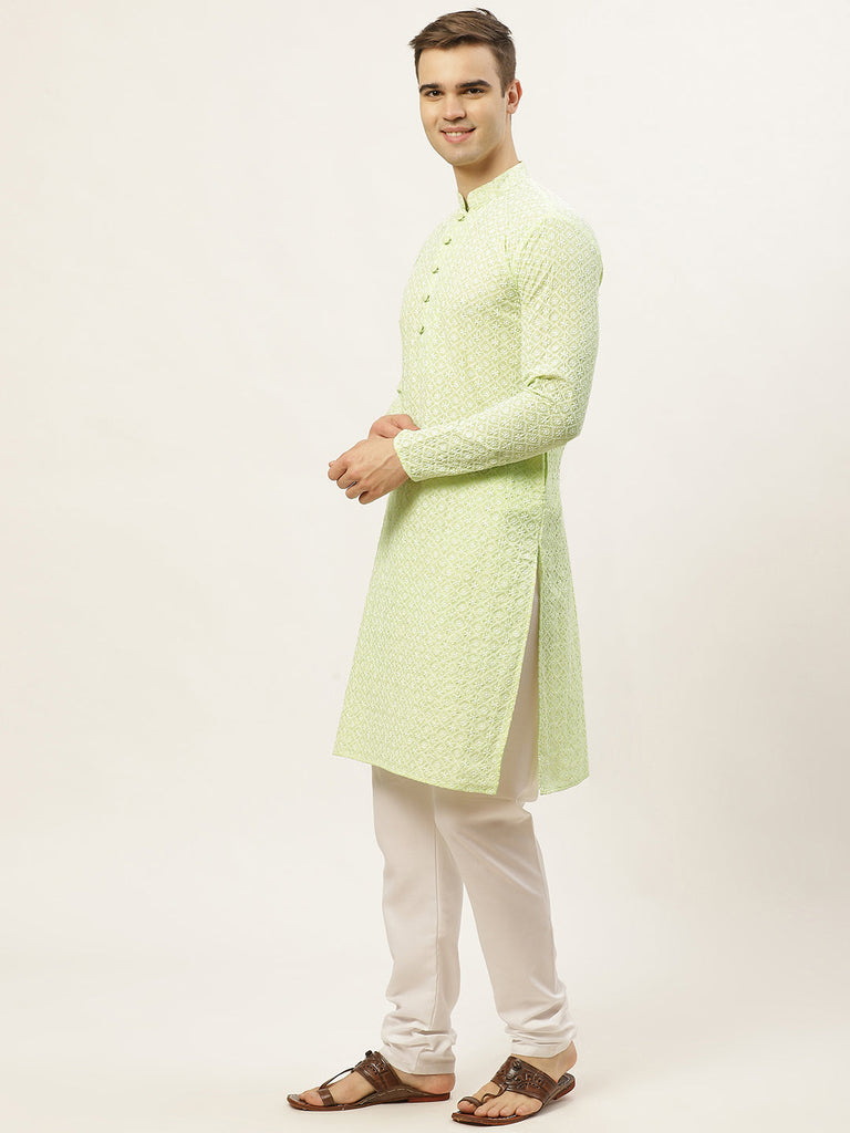 Men's Green Embroidered Kurta Payjama Sets ( JOKP 626 Green )