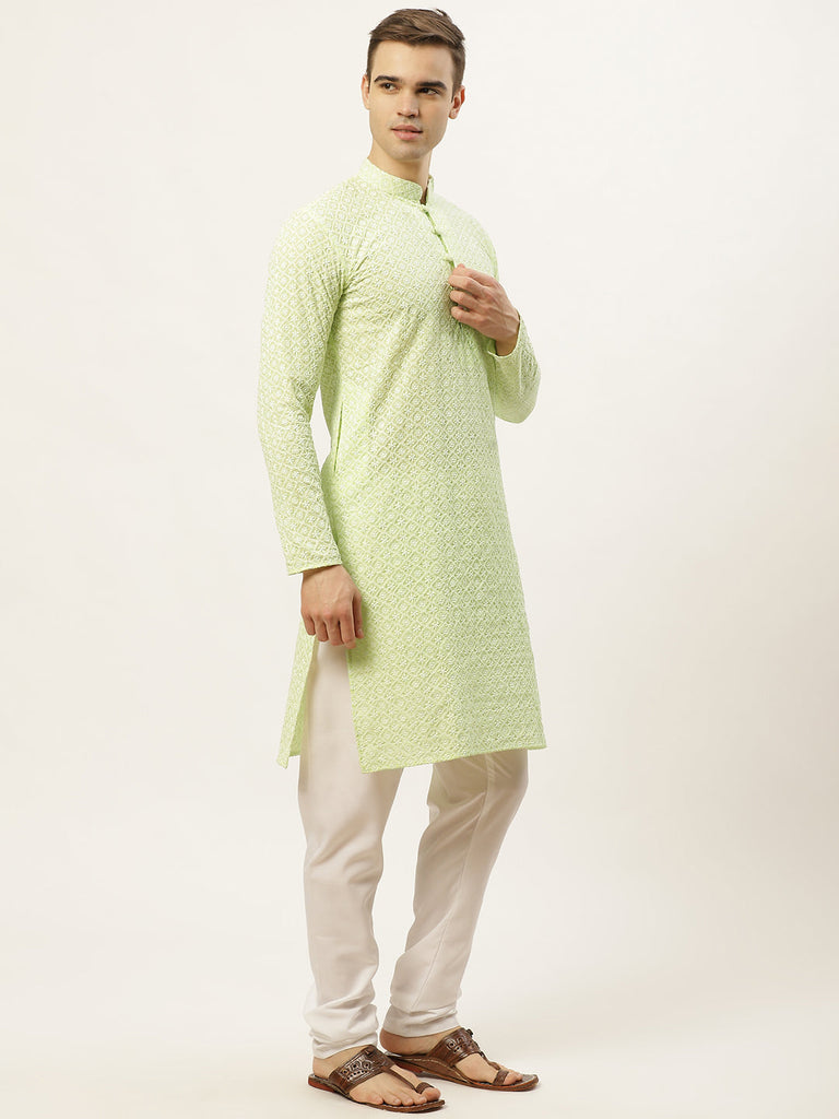 Men's Green Embroidered Kurta Payjama Sets ( JOKP 626 Green )
