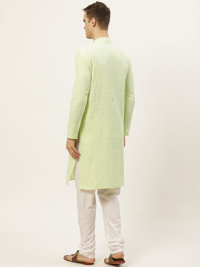 Men's Green Embroidered Kurta Payjama Sets ( JOKP 626 Green )