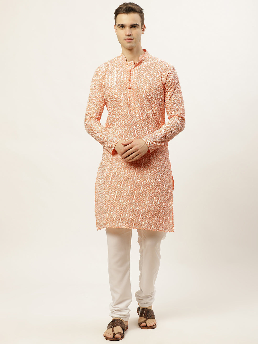 Men's Orange Embroidered Kurta Payjama Sets ( JOKP 626 Orange ) - Virat Fashions