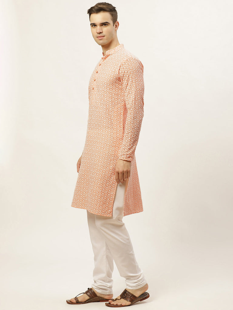 Men's Orange Embroidered Kurta Payjama Sets ( JOKP 626 Orange )