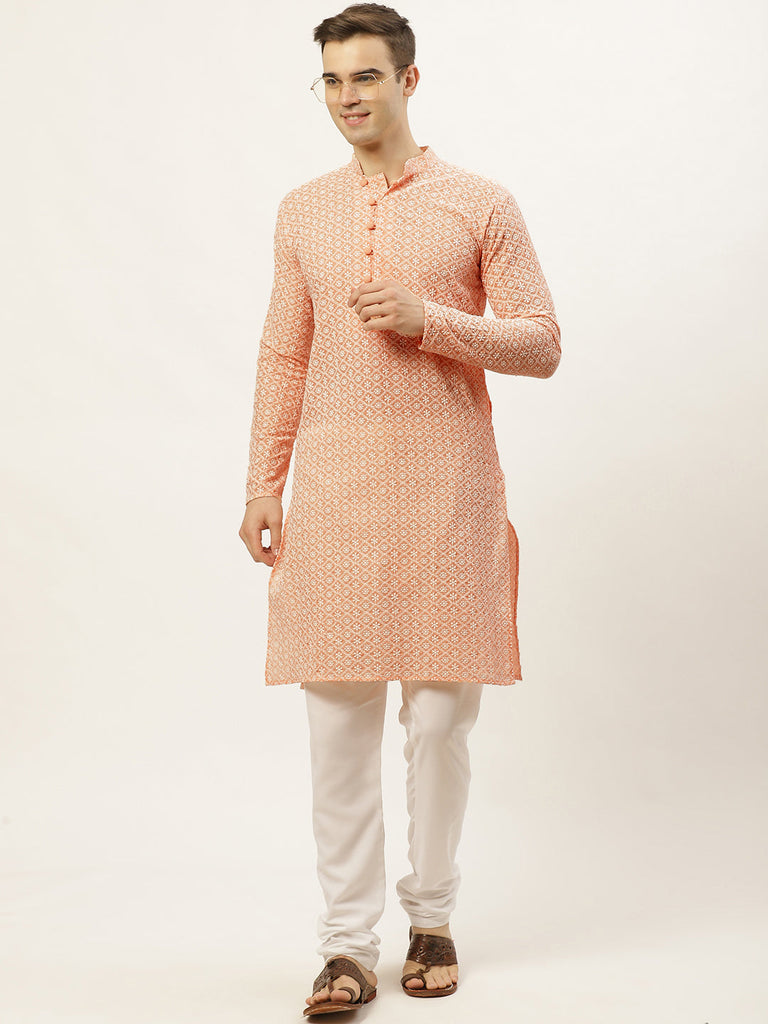 Men's Orange Embroidered Kurta Only ( KO 626 Orange )