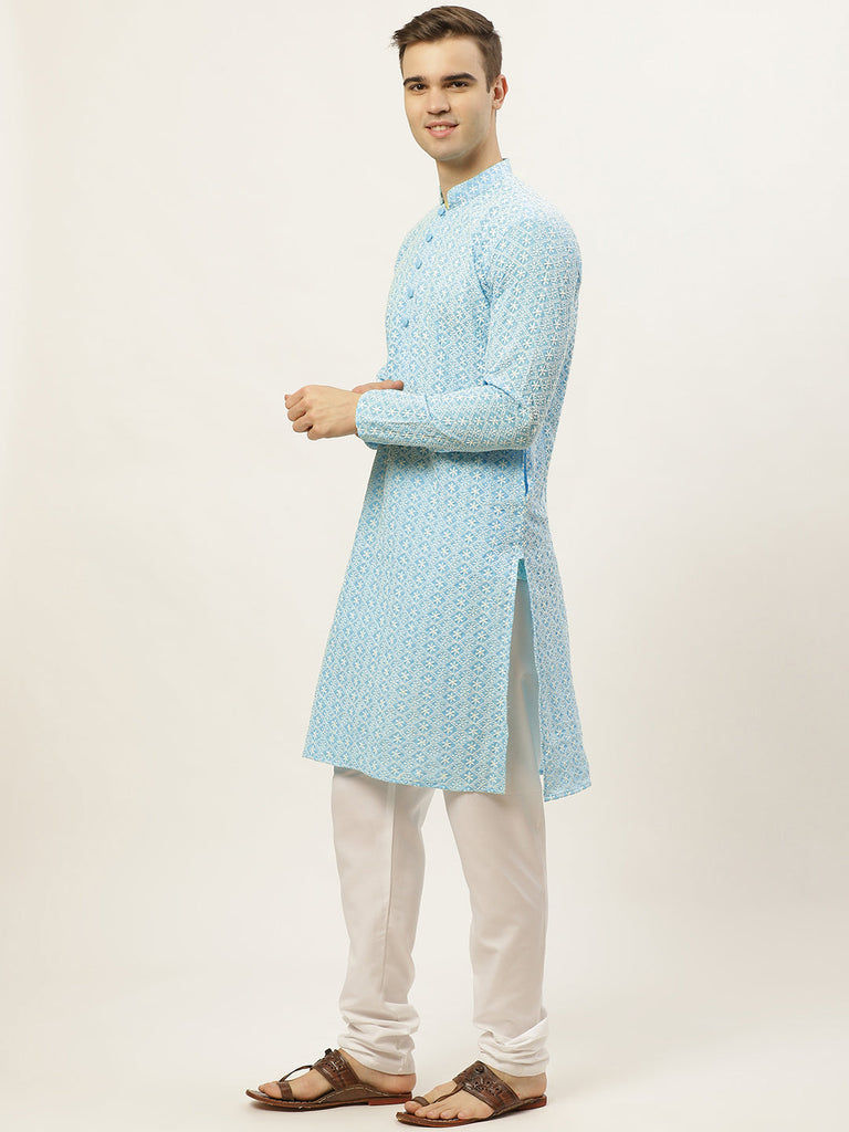 Men's Sky Embroidered Kurta Payjama Sets ( JOKP 626 Sky )