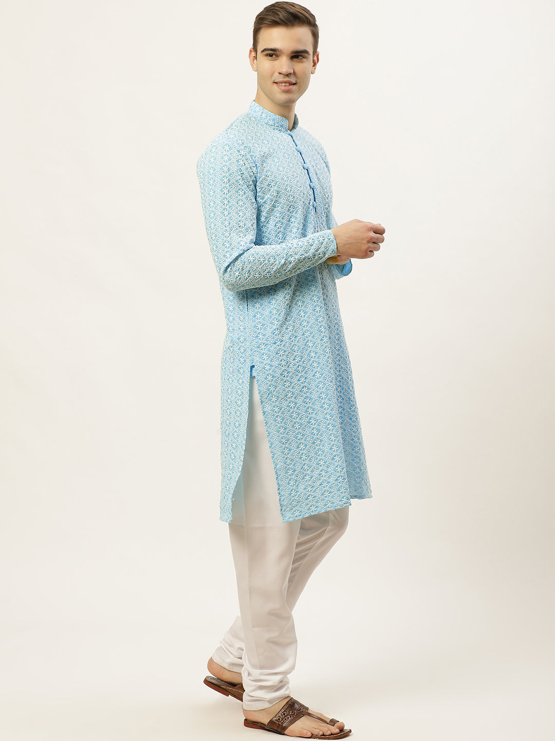 Men's Sky Embroidered Kurta Payjama Sets ( JOKP 626 Sky ) - Virat Fashions