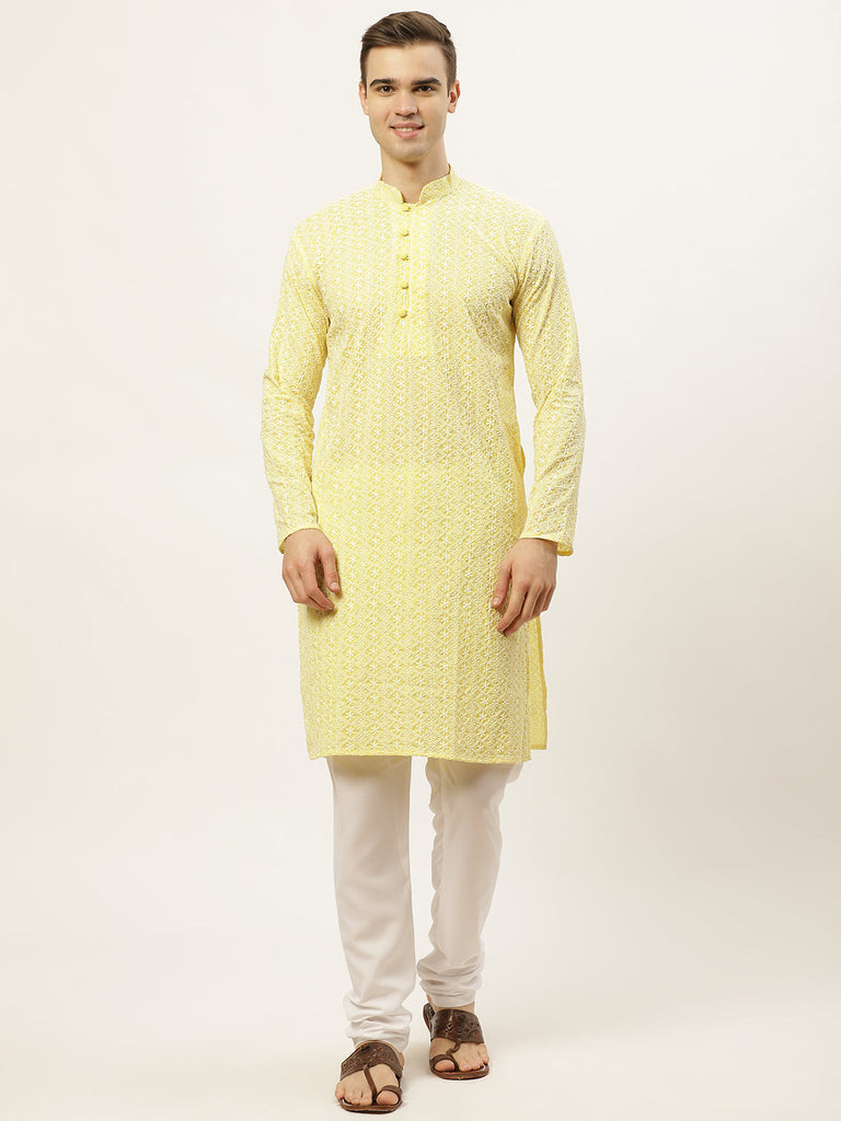 Men's Yellow Embroidered Kurta Payjama Sets ( JOKP 626 Yellow )