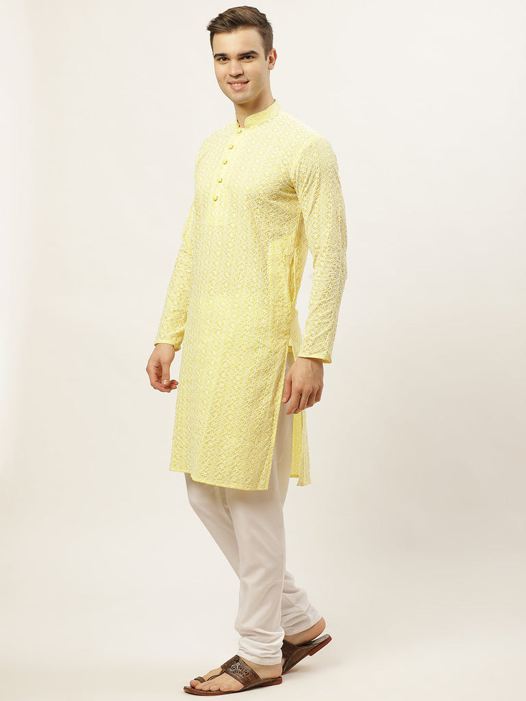 Men's Yellow Embroidered Kurta Payjama Sets ( JOKP 626 Yellow )