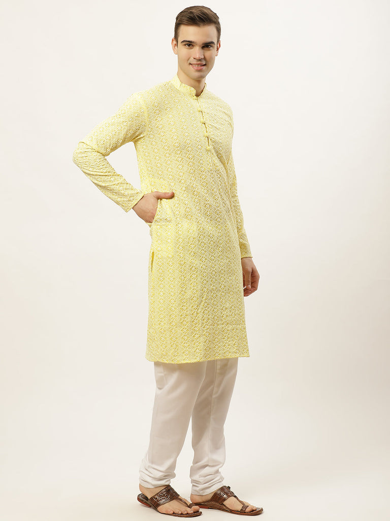 Men's Yellow Embroidered Kurta Payjama Sets ( JOKP 626 Yellow )