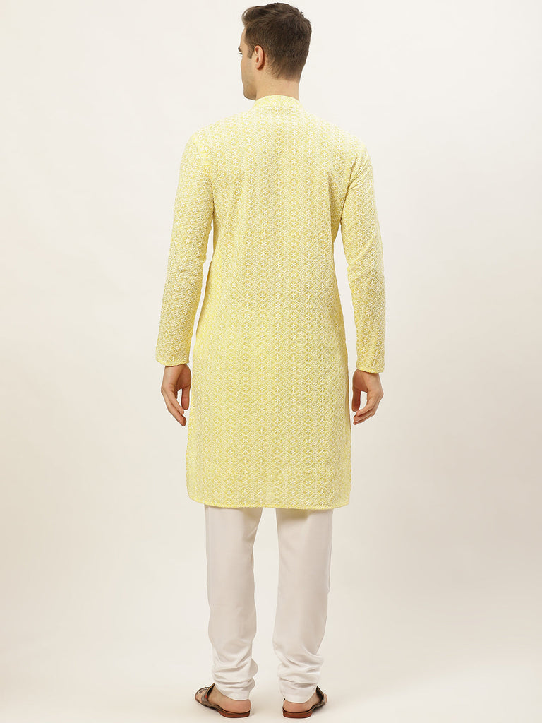 Men's Yellow Embroidered Kurta Payjama Sets ( JOKP 626 Yellow )