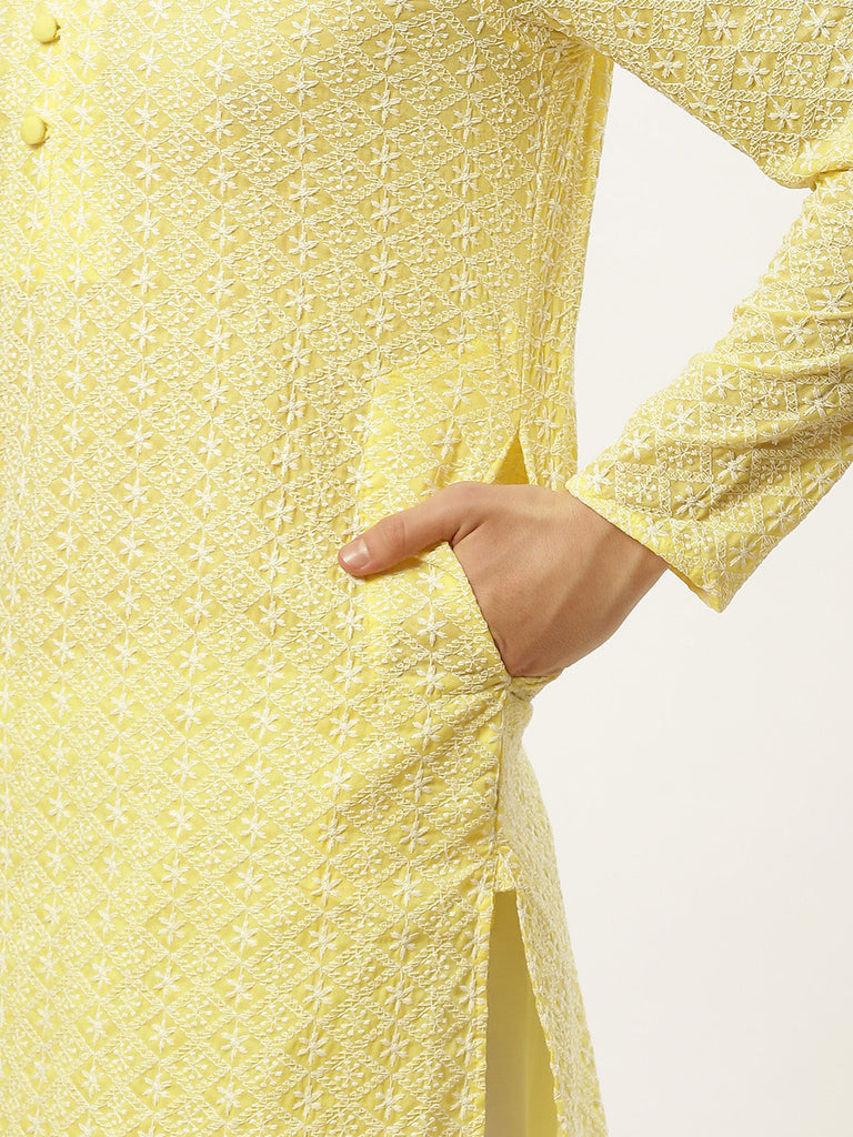 Men's Yellow Embroidered Kurta Payjama Sets ( JOKP 626 Yellow )