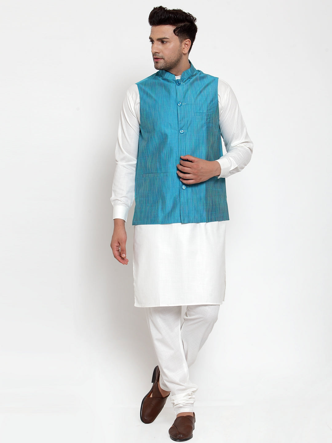 Men's White Solid Kurta with Pyjamas & Blue Nehru Jacket ( JOKP WC 4064 Blue-W ) - Virat Fashions