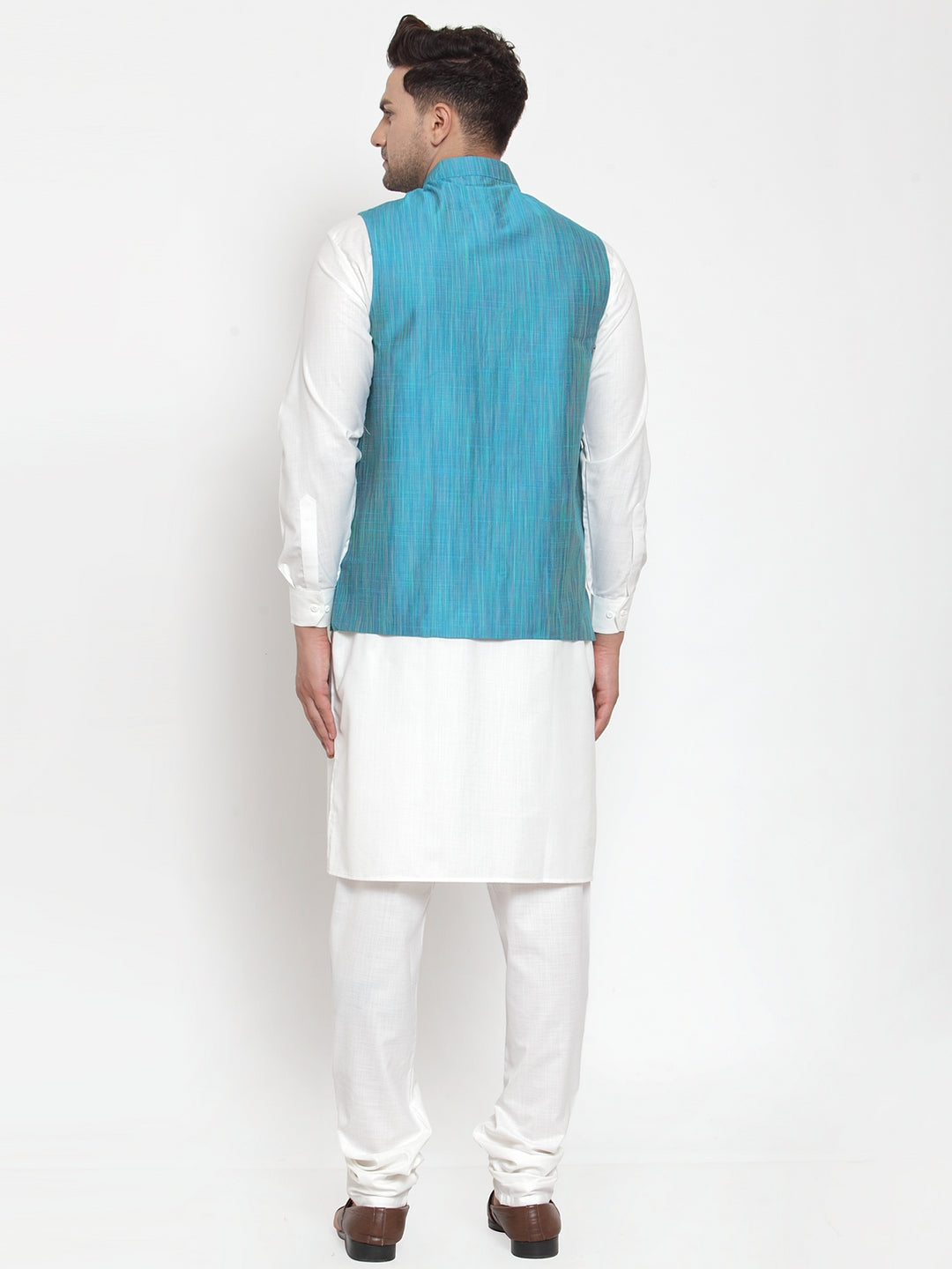 Men's White Solid Kurta with Pyjamas & Blue Nehru Jacket ( JOKP WC 4064 Blue-W ) - Virat Fashions