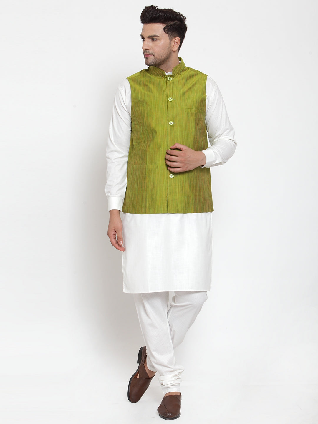 Men's White Solid Kurta with Pyjamas & Green Nehru Jacket ( JOKP WC 4064 Green-W ) - Virat Fashions