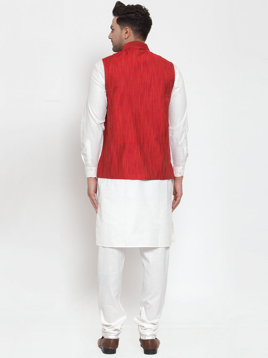 Men's White Solid Kurta with Pyjamas & Red Nehru Jacket ( JOKP WC 4064 Red-W ) - Virat Fashions