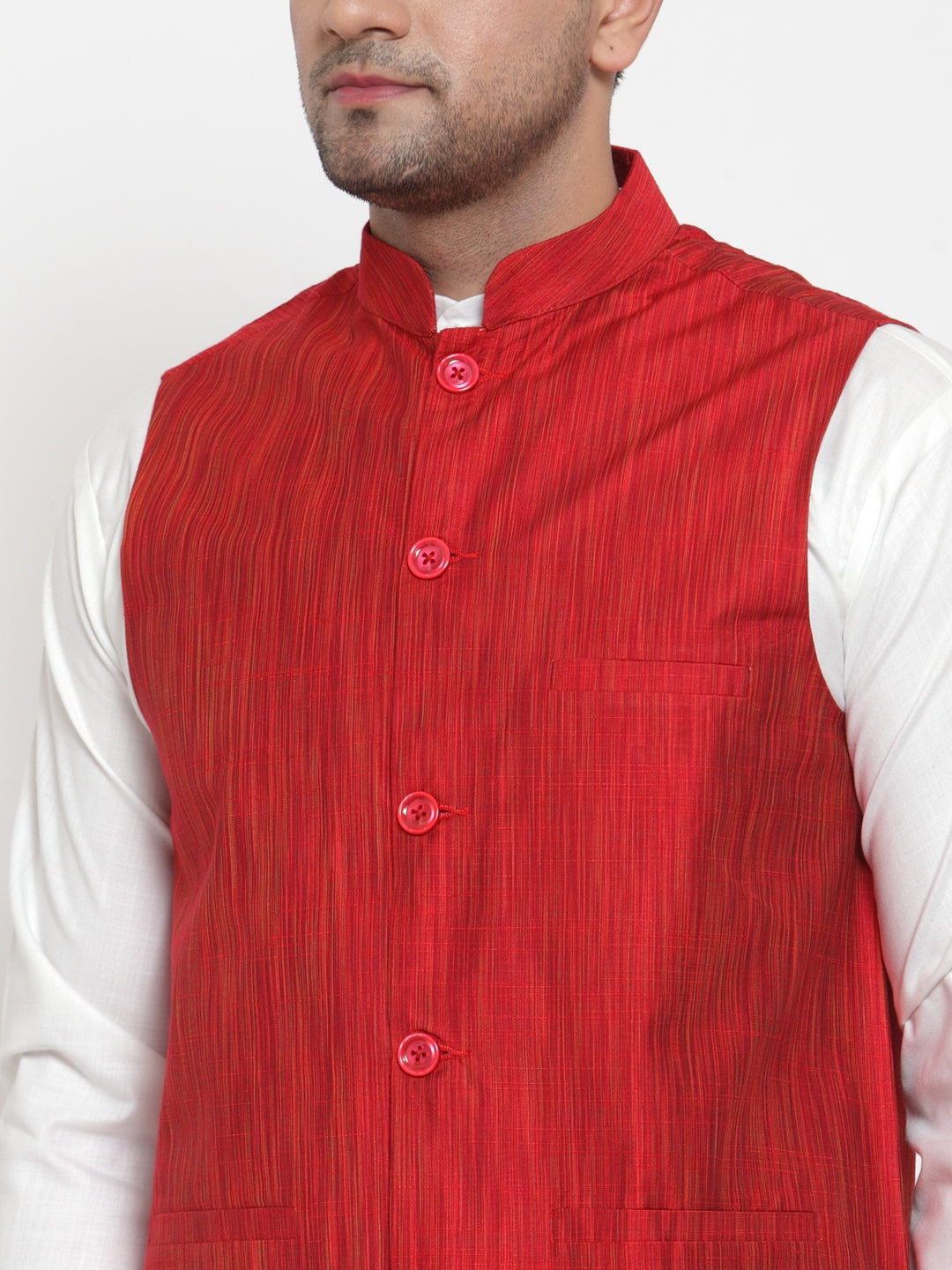 Men's White Solid Kurta with Pyjamas & Red Nehru Jacket ( JOKP WC 4064 Red-W ) - Virat Fashions