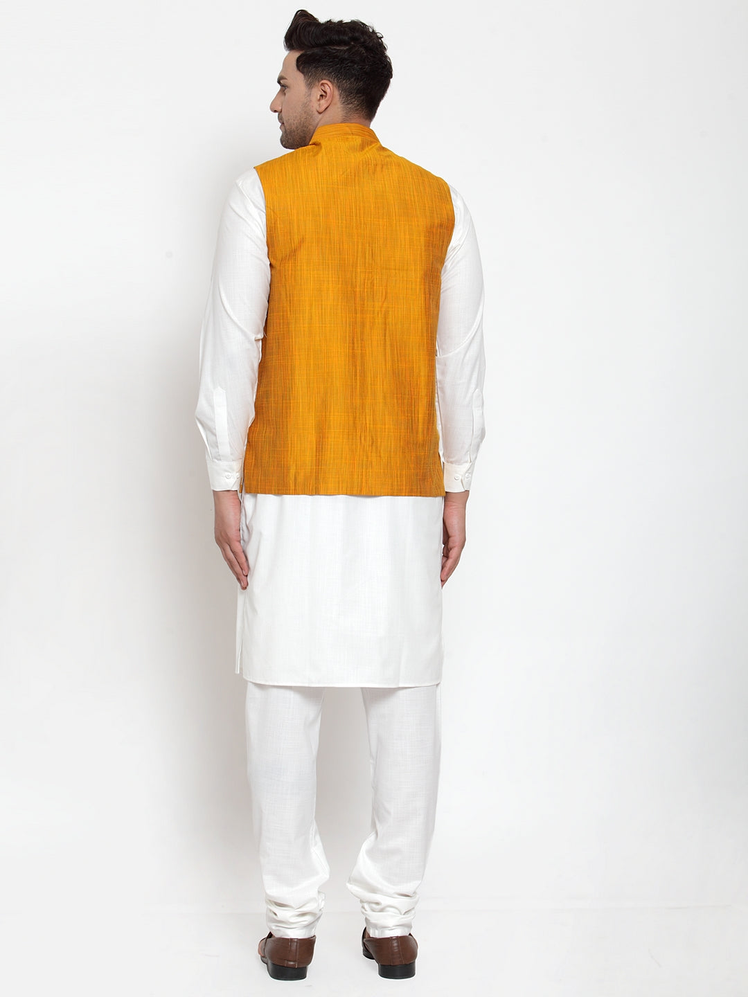 Men's White Solid Kurta with Pyjamas & Yellow Nehru Jacket ( JOKP WC 4064 Yellow-W ) - Virat Fashions