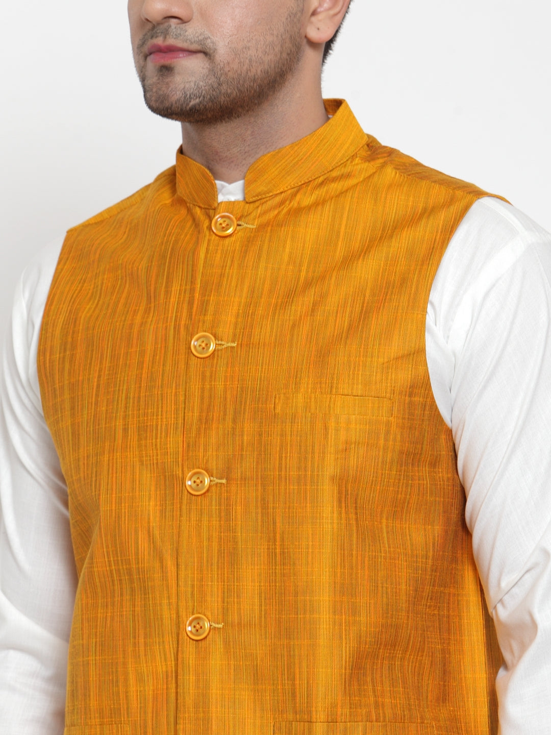 Men's White Solid Kurta with Pyjamas & Yellow Nehru Jacket ( JOKP WC 4064 Yellow-W ) - Virat Fashions