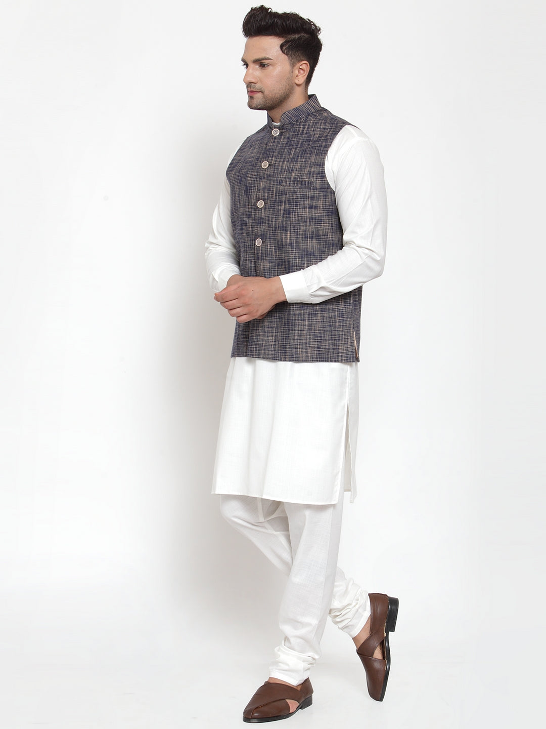 Men's White Solid Kurta with Pyjamas & Blue Nehru Jacket ( JOKP WC 4065 Blue-W ) - Virat Fashions