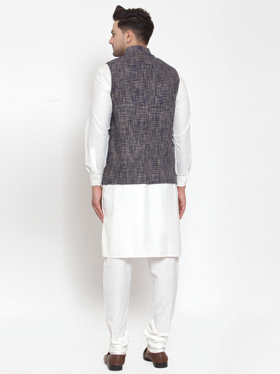 Men's White Solid Kurta with Pyjamas & Blue Nehru Jacket ( JOKP WC 4065 Blue-W ) - Virat Fashions