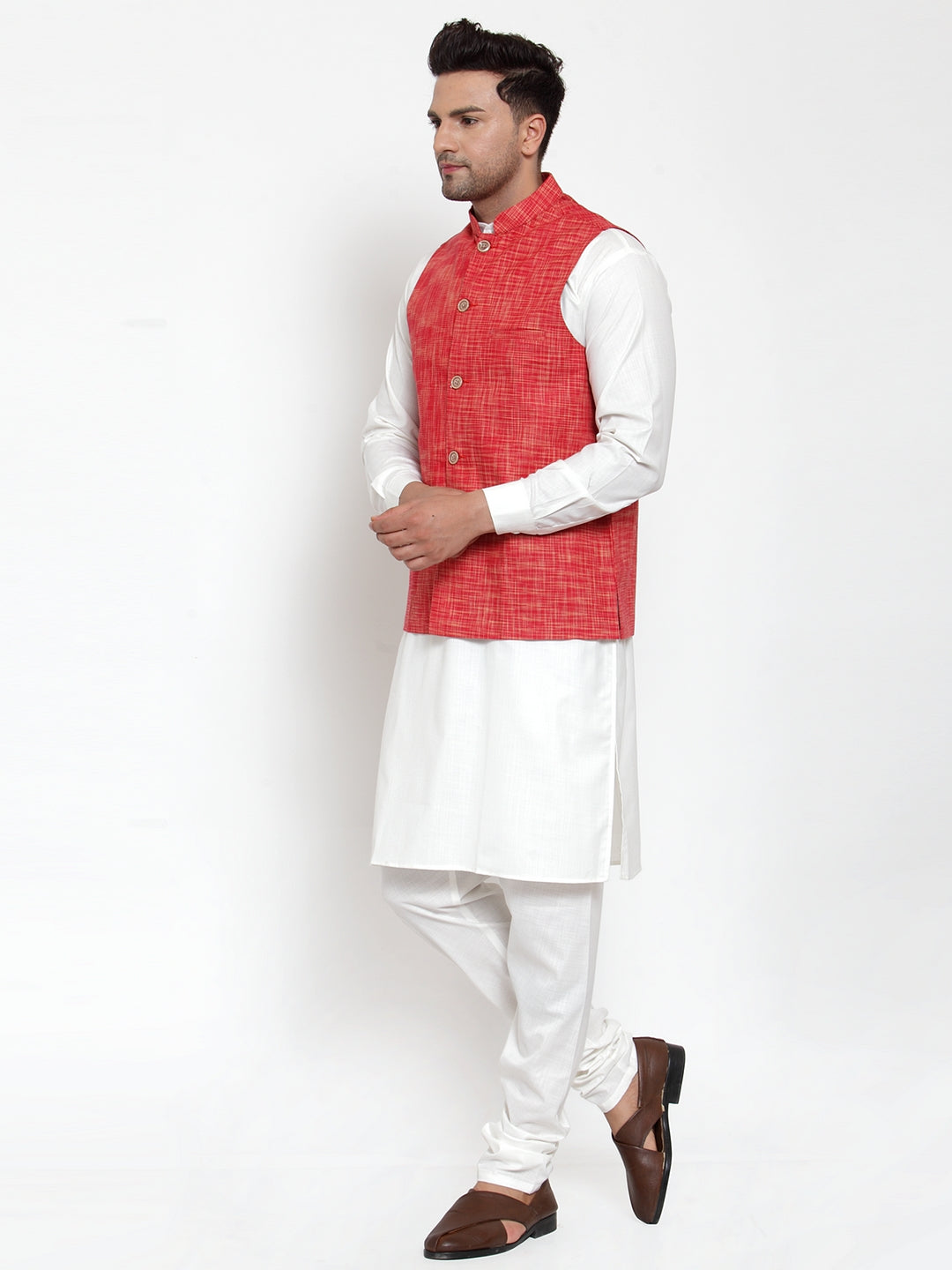 Men's White Solid Kurta with Pyjamas & Red Nehru Jacket ( JOKP WC 4065 Red-W ) - Virat Fashions