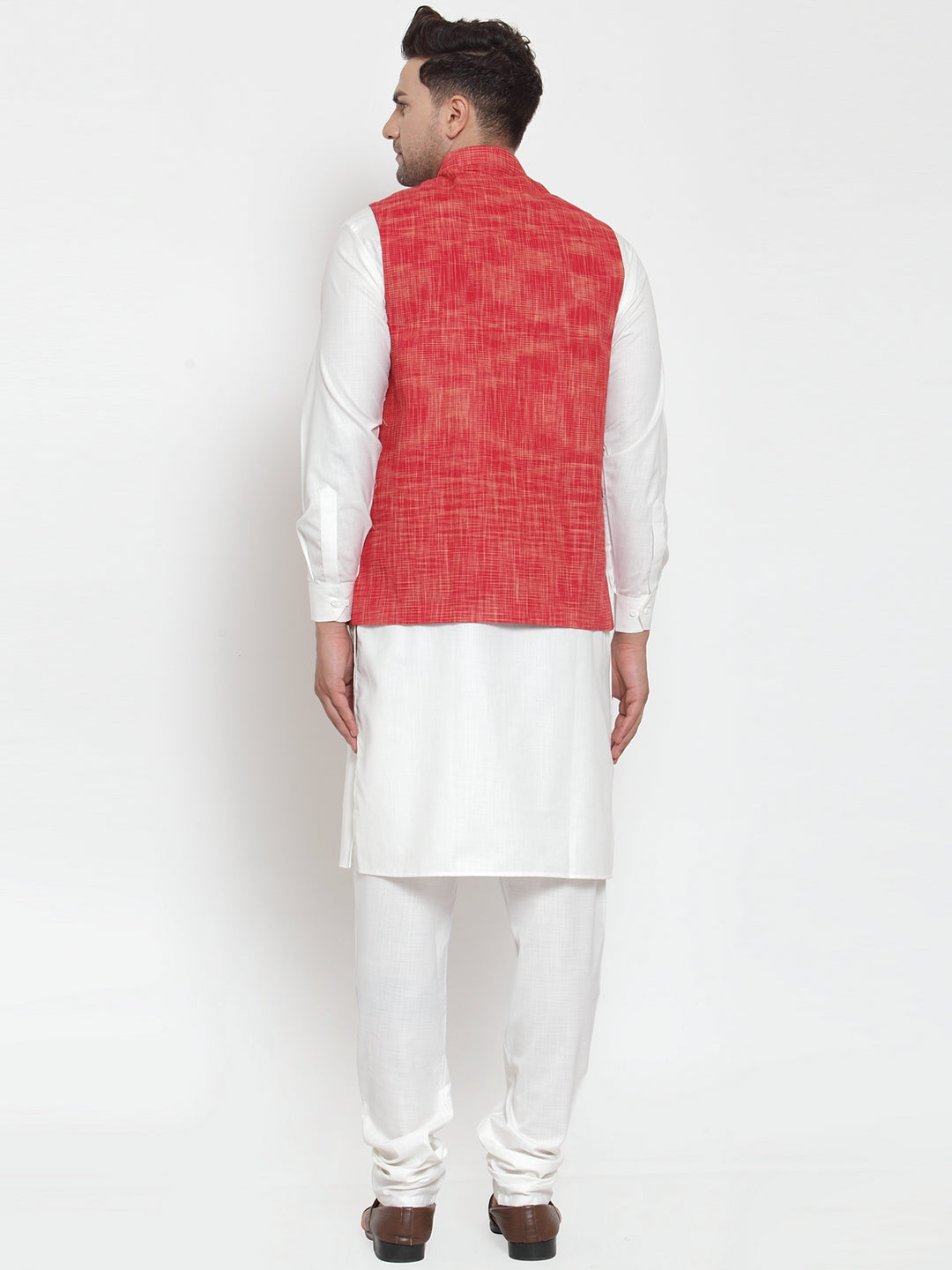 Men's White Solid Kurta with Pyjamas & Red Nehru Jacket ( JOKP WC 4065 Red-W ) - Virat Fashions