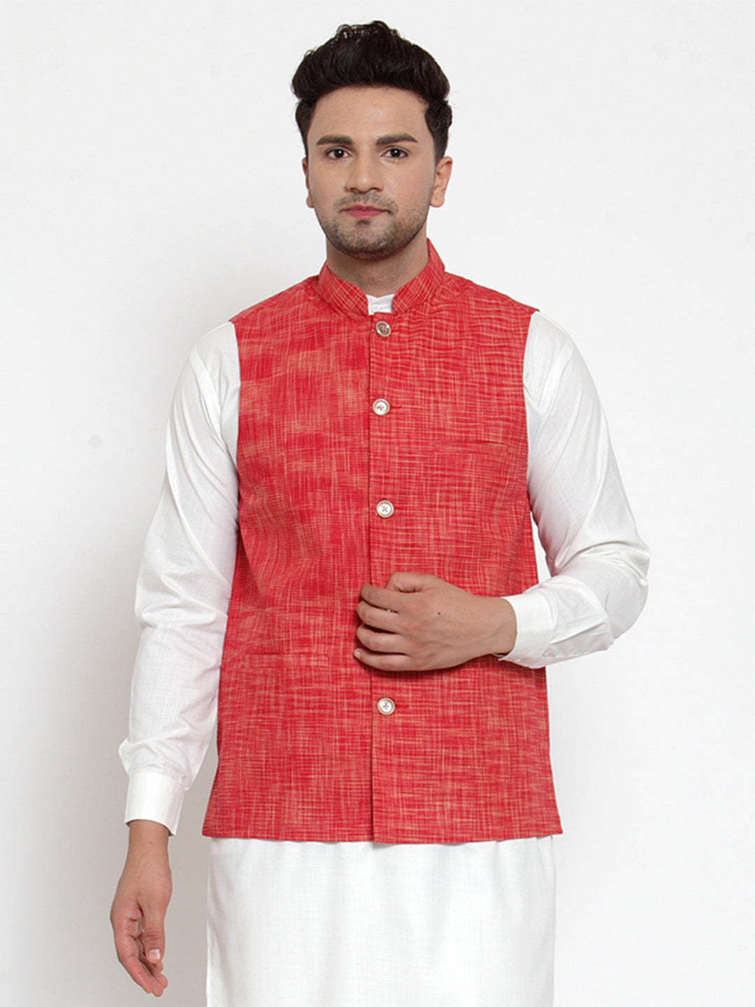 Men's Red Woven Design Nehru Jacket ( JOWC 4011 Red ) - Virat Fashions