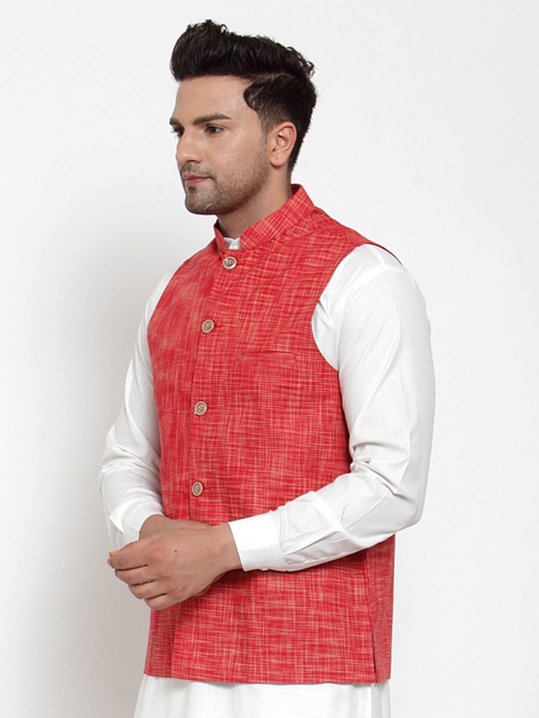 Men's Red Woven Design Nehru Jacket ( JOWC 4011 Red ) - Virat Fashions