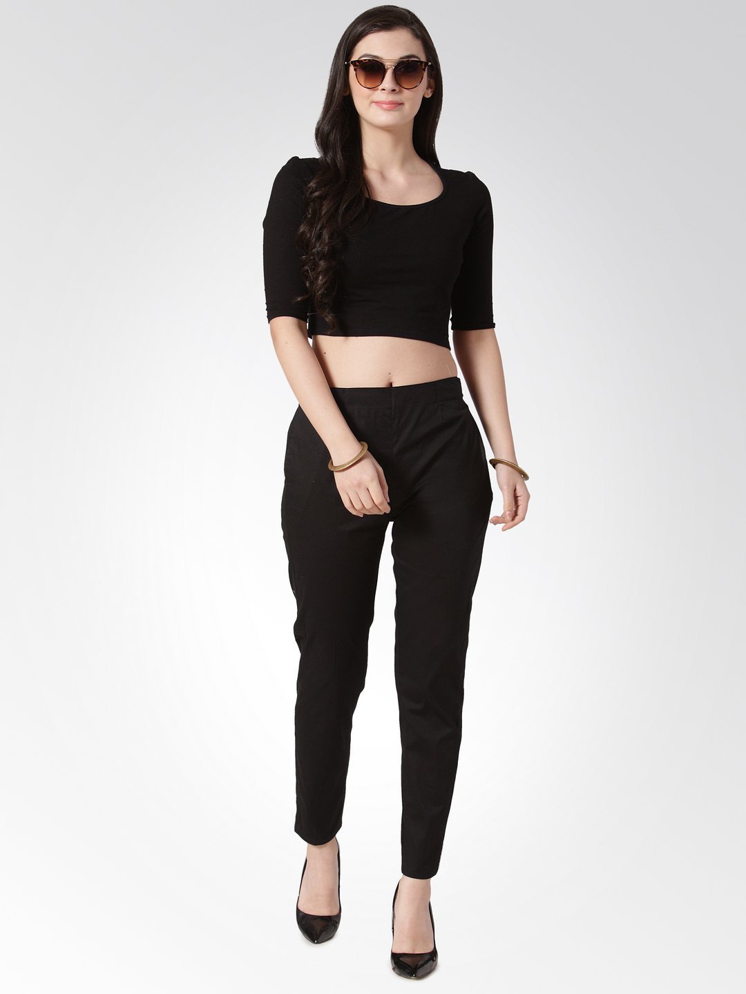 Women's Black Smart Slim Fit Solid Regular Trousers - Jompers