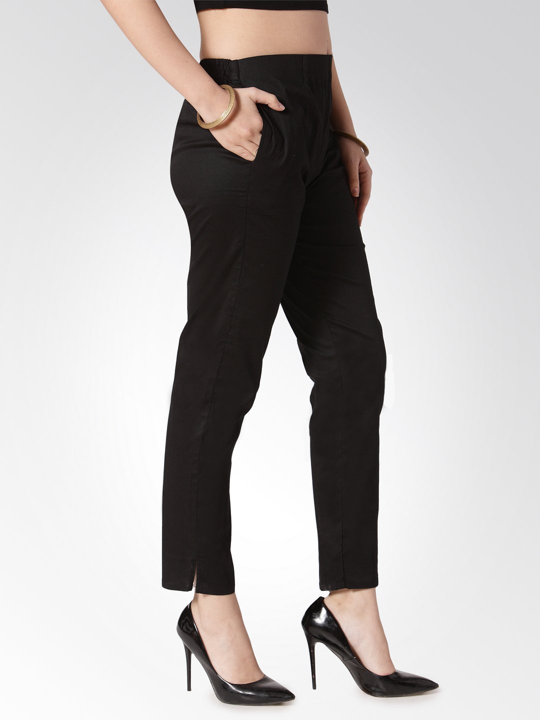 Women's Black Smart Slim Fit Solid Regular Trousers - Jompers