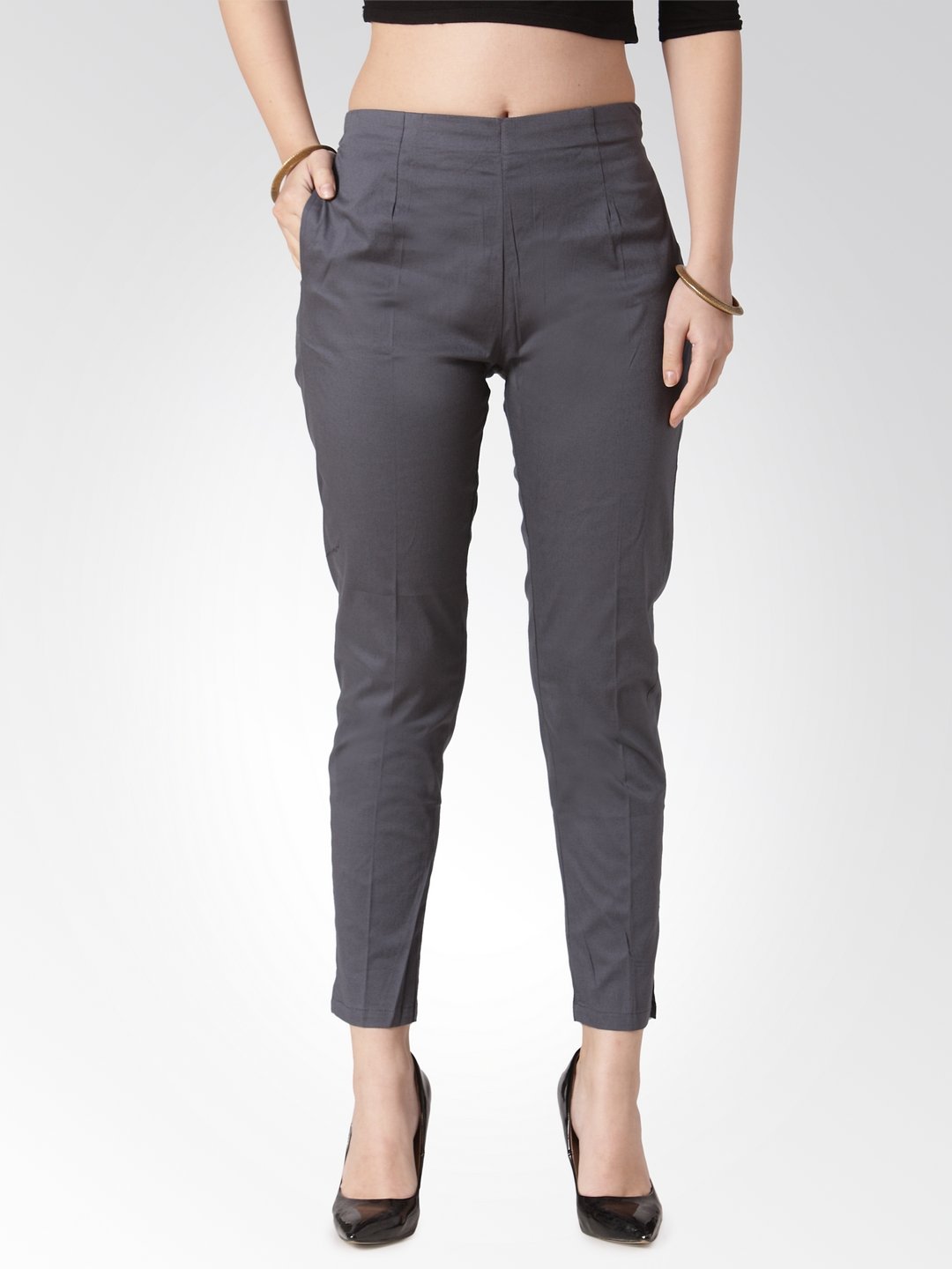 Women's Grey Smart Slim Fit Solid Regular Trousers - Jompers