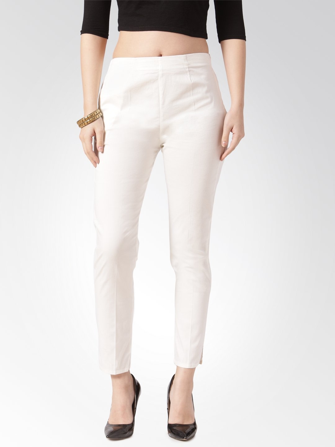 Women's Off White Smart Slim Fit Solid Regular Trousers - Jompers